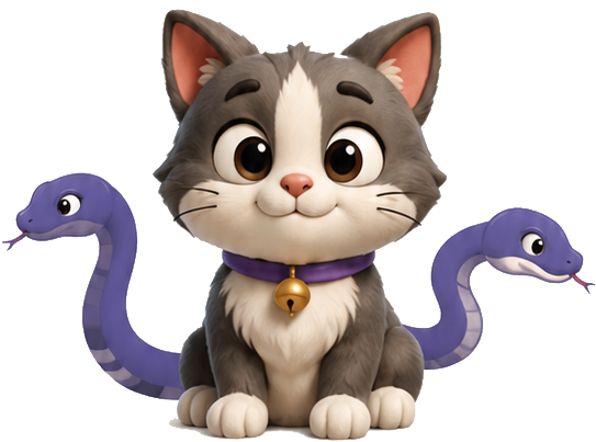The happy cat with two purple snakes