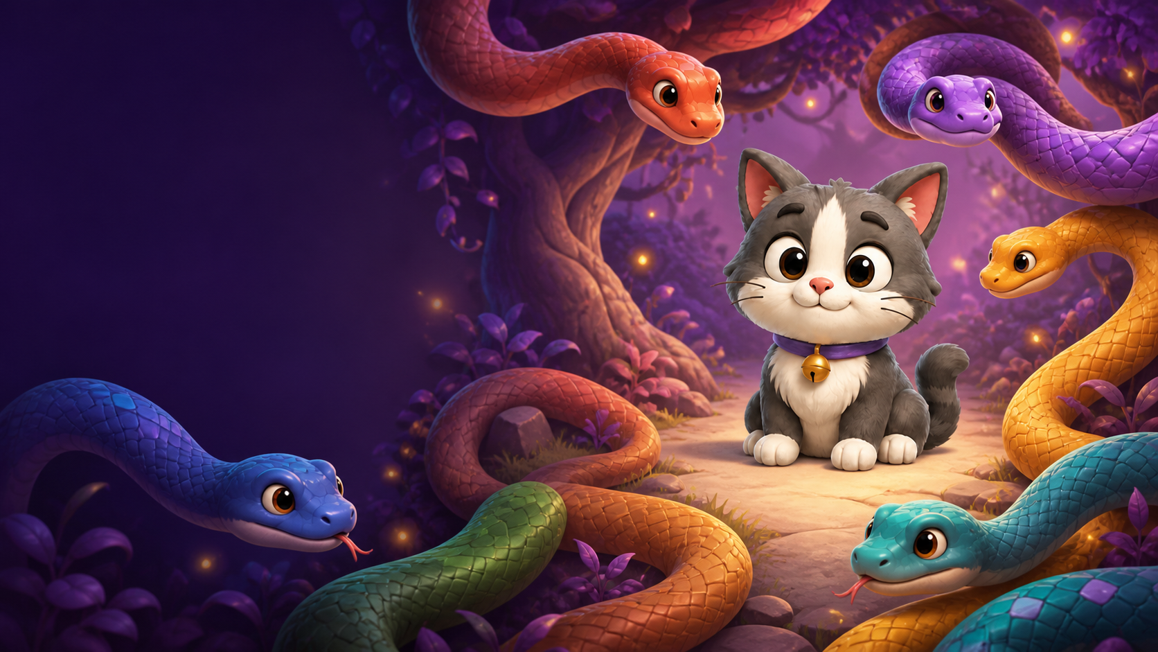 The gray-and-white cat in a magical purple forest with colorful snakes