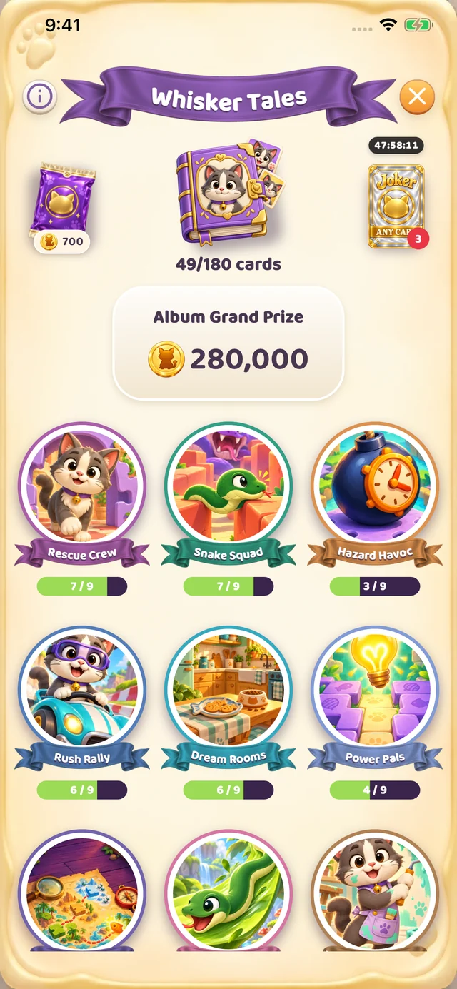 Whisker Tales album with card sets, collection progress and album grand prize