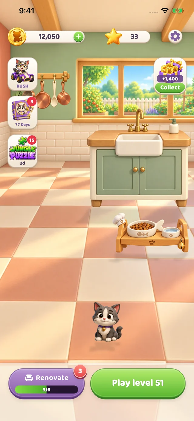 Honey Kitchen in Cat Home, with the cat, star balance, Renovate button and Play level button