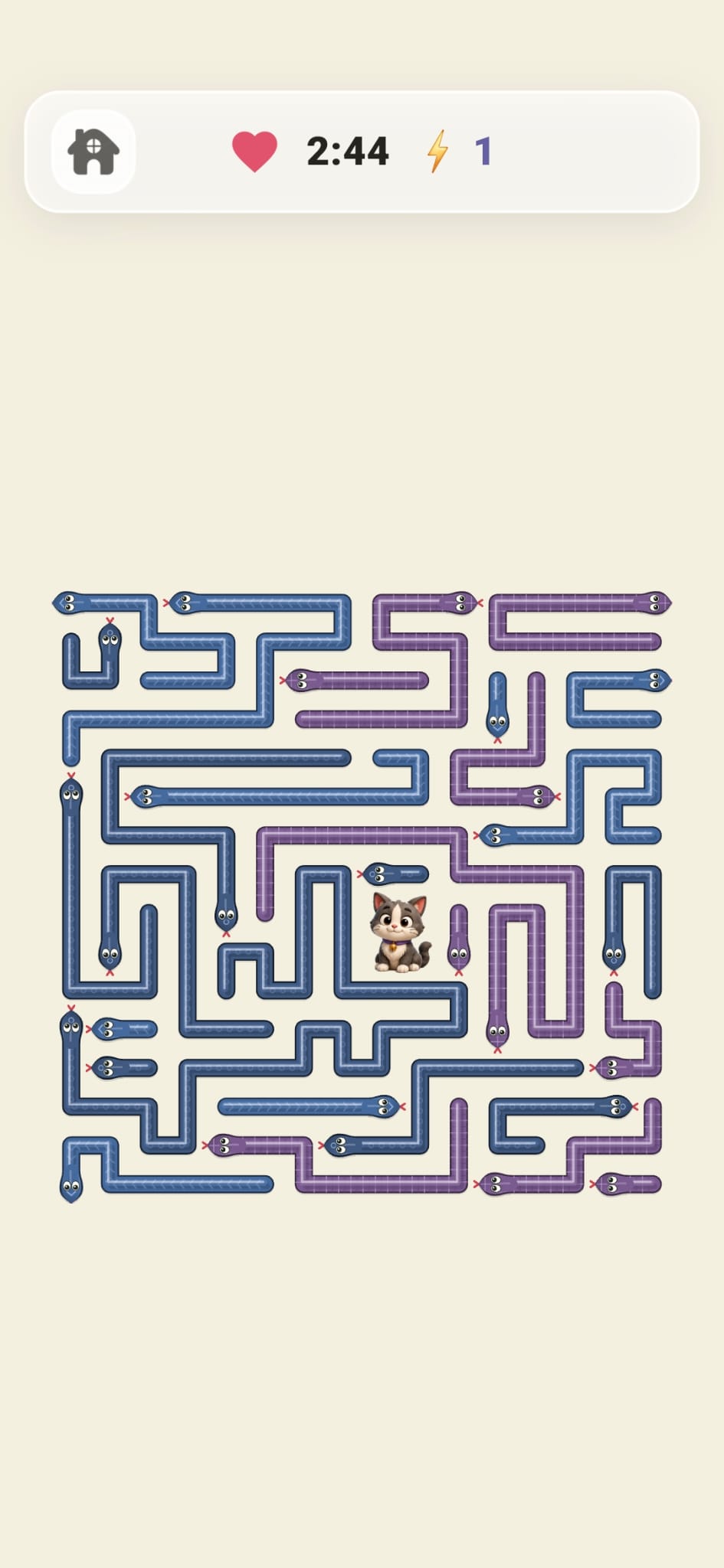 The cat at the center of a dense blue and purple snake puzzle
