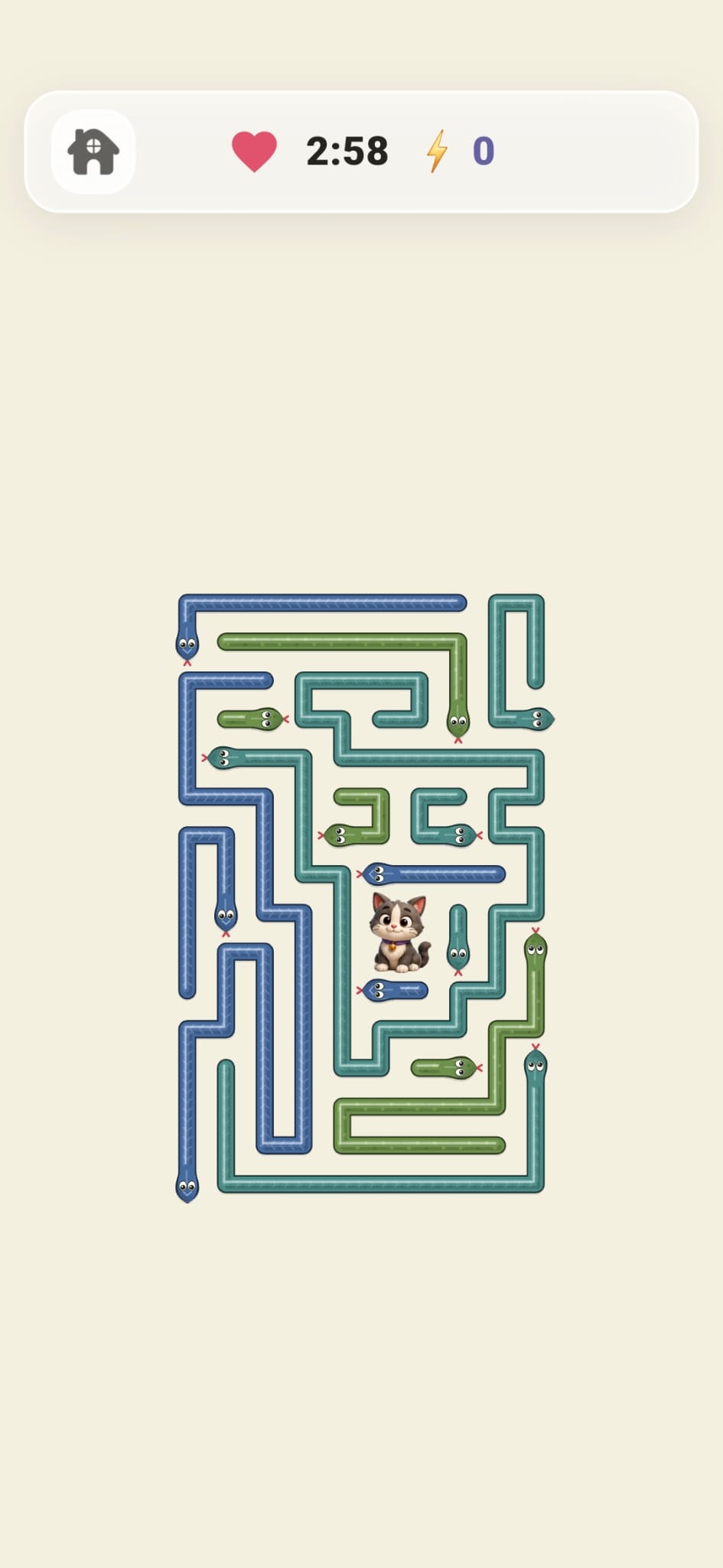 Real blue, green, and teal snakes surrounding the cat in a compact puzzle