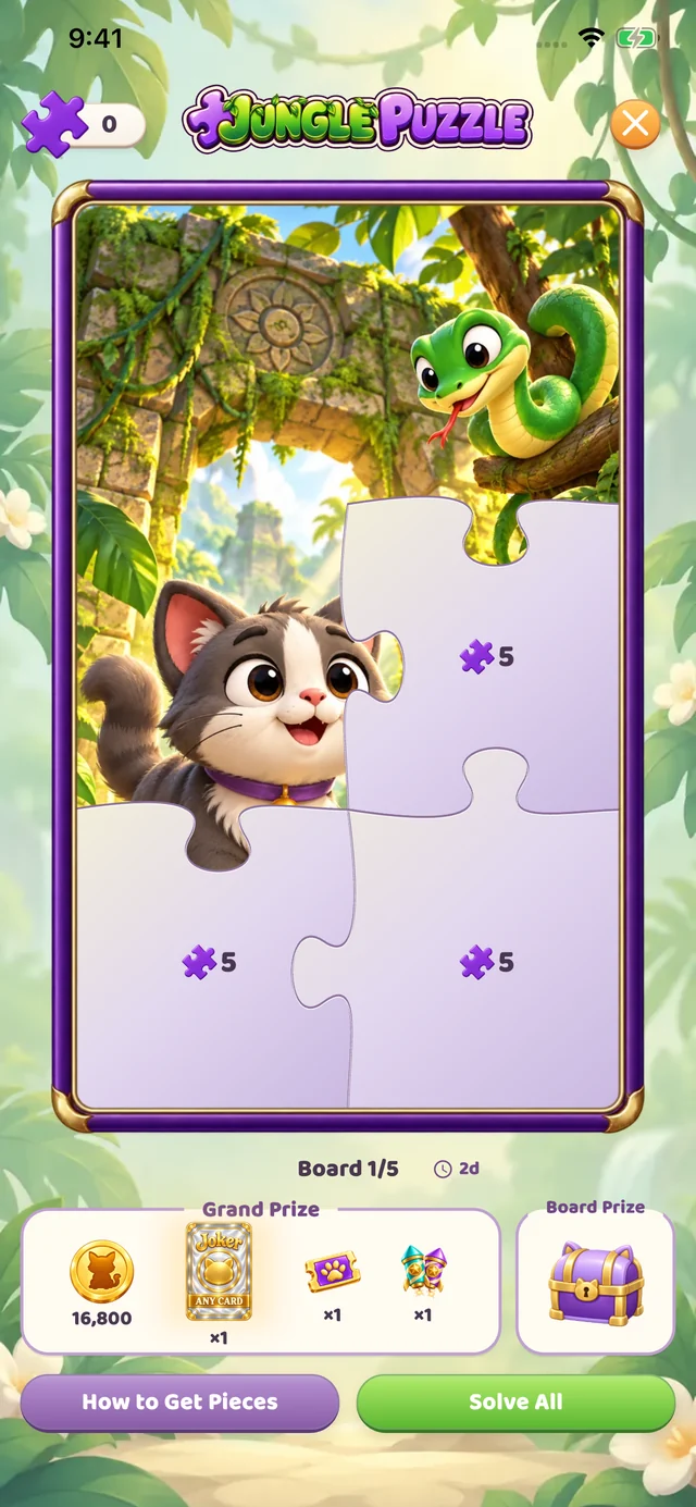 Jungle Puzzle event showing a partially revealed cat-and-snake scene, piece costs and event progress