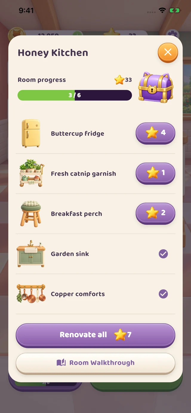 Renovation menu showing Honey Kitchen furniture projects and their star prices